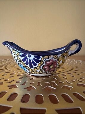 Hand-Painted Blue Floral Talavera Clay Sauce Boat